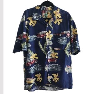 Johnny Cotton Vintage Hawaiian Shirt – Woody Car & Hibiscus Print Blue Button-Up